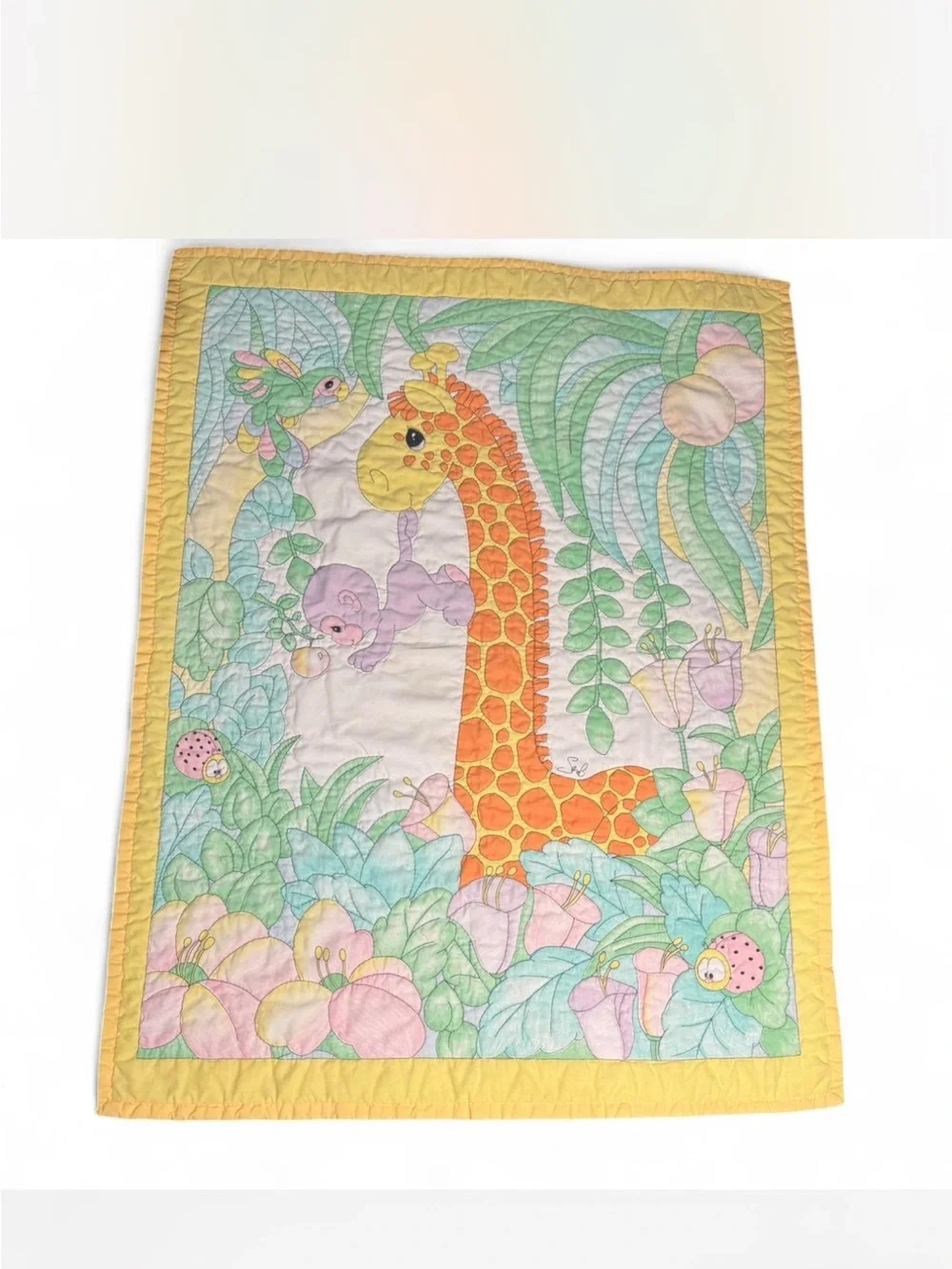 Vintage Yellow Giraffe Baby Quilt - Pastel Jungle Nursery Blanket